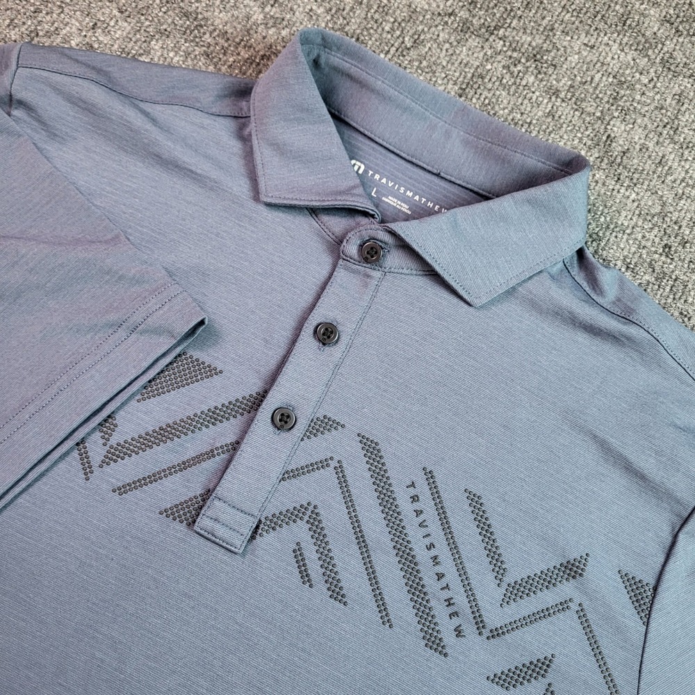 TravisMathew Mens Heater Performance Polo Shirt Blue Heather Geometric Large NWT